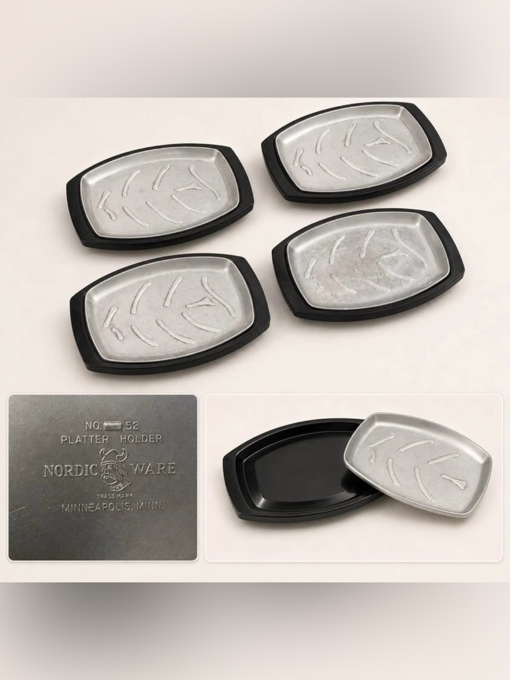 Vintage Nordic Ware No. 52 Platter Holders 8 Pc Set Aluminum Trays Black Bases